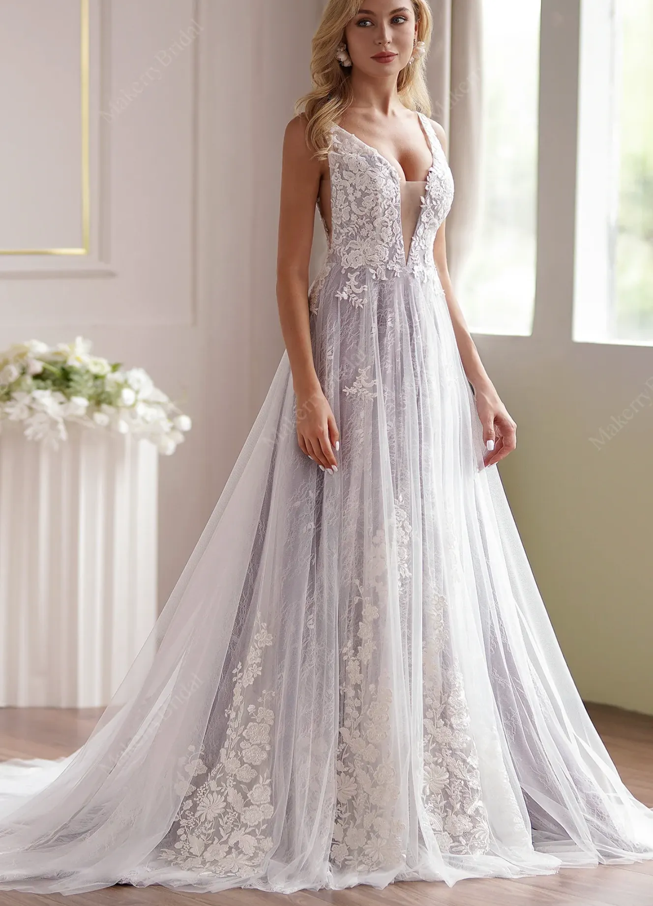 Lavender Plunging-V Beaded Lace Wedding Dress