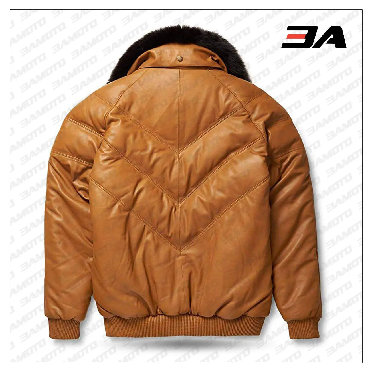 Leather V-Bomber Jacket Camel with Black Fox Fur