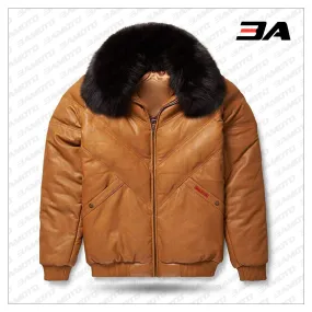 Leather V-Bomber Jacket Camel with Black Fox Fur