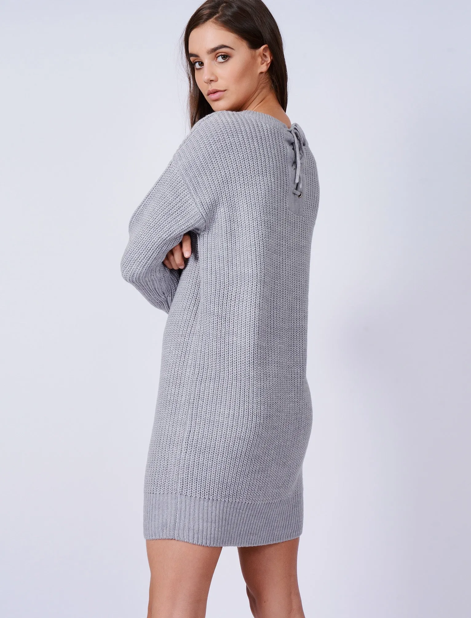 Lion Longline Jumper Dress with Tie Back Detail in Grey Marl - Tokyo Laundry