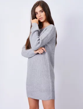 Lion Longline Jumper Dress with Tie Back Detail in Grey Marl - Tokyo Laundry