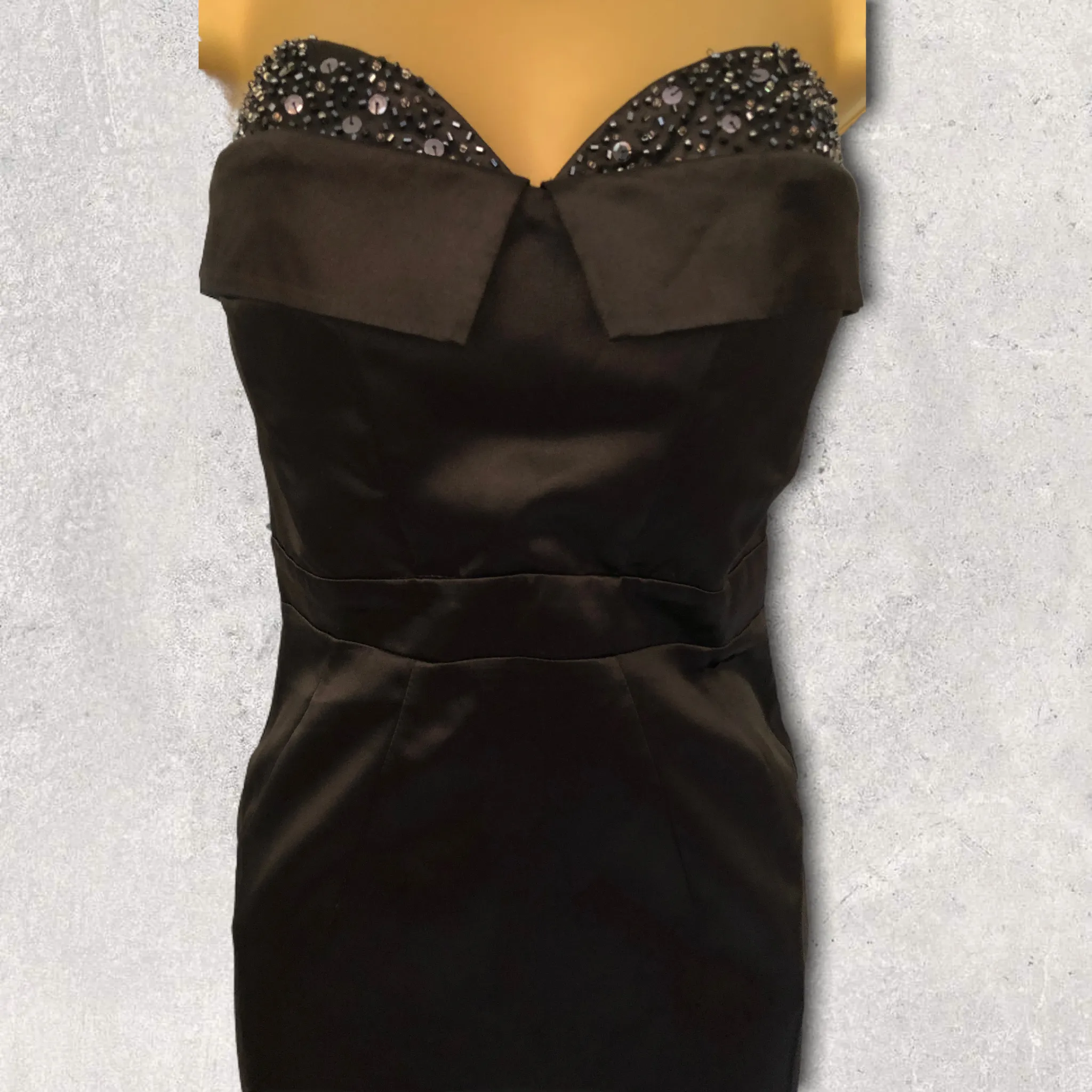 Lipsy Black Satin Strapless Beaded Bust Pencil Dress UK 10 US 6 EU 38