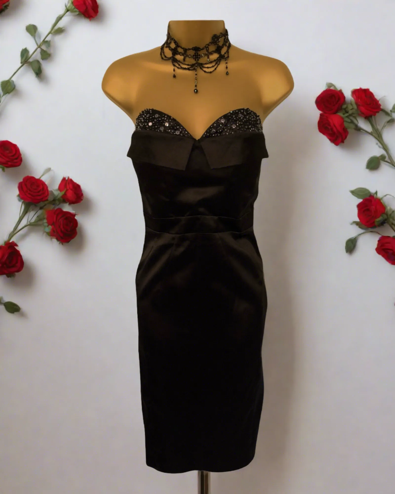 Lipsy Black Satin Strapless Beaded Bust Pencil Dress UK 10 US 6 EU 38