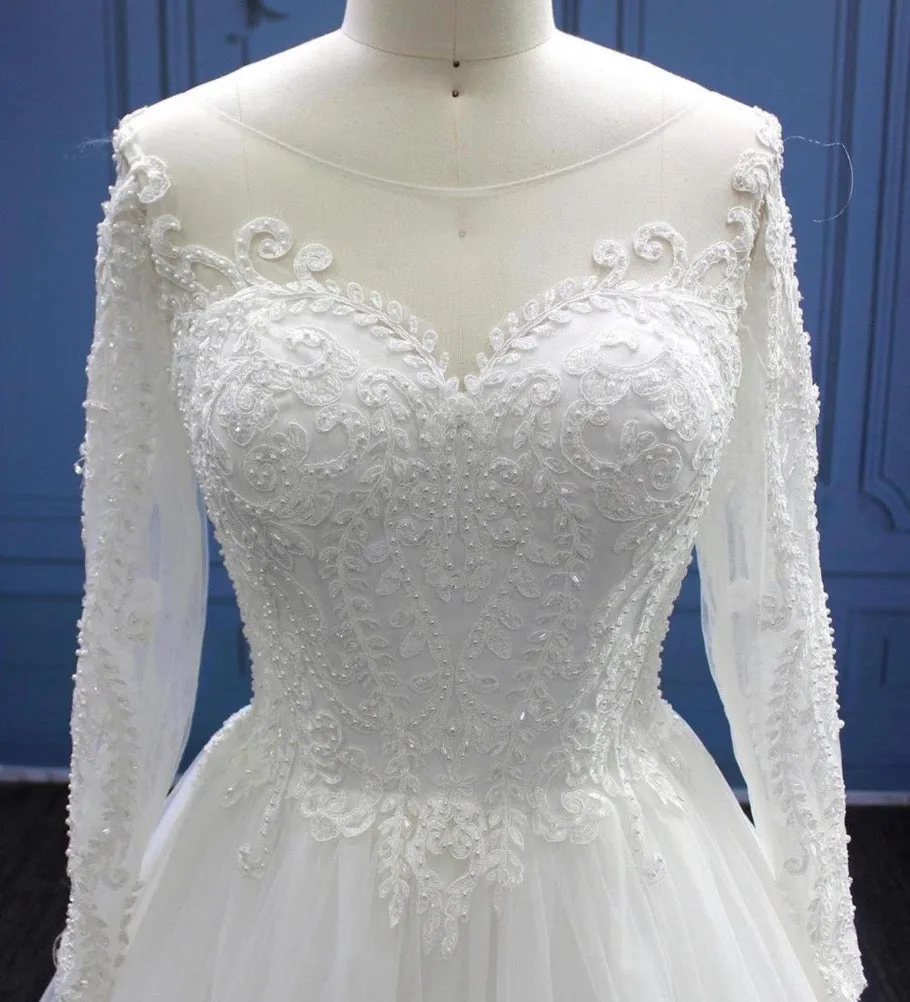 Long Sleeve Illusion Lace Tulle Pearl Bead A Line Wedding Dress