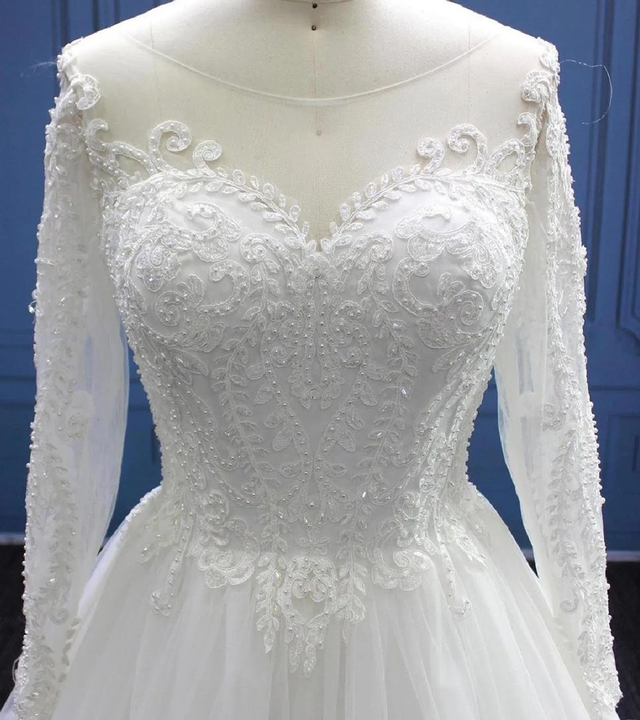 Long Sleeve Illusion Lace Tulle Pearl Bead A Line Wedding Dress