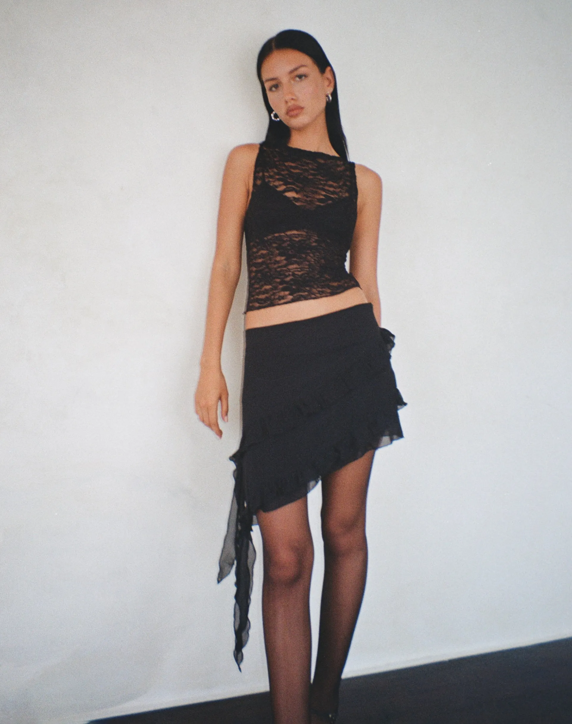 Malinna Ruffle Mini Skirt in Black Chiffon