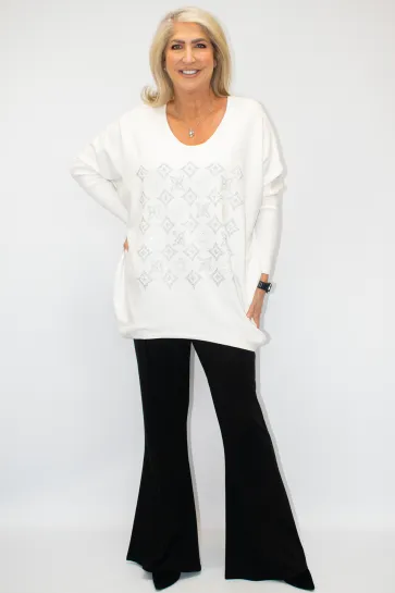 Malissa J V Neck Jumper with Flower Bling