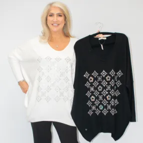 Malissa J V Neck Jumper with Flower Bling