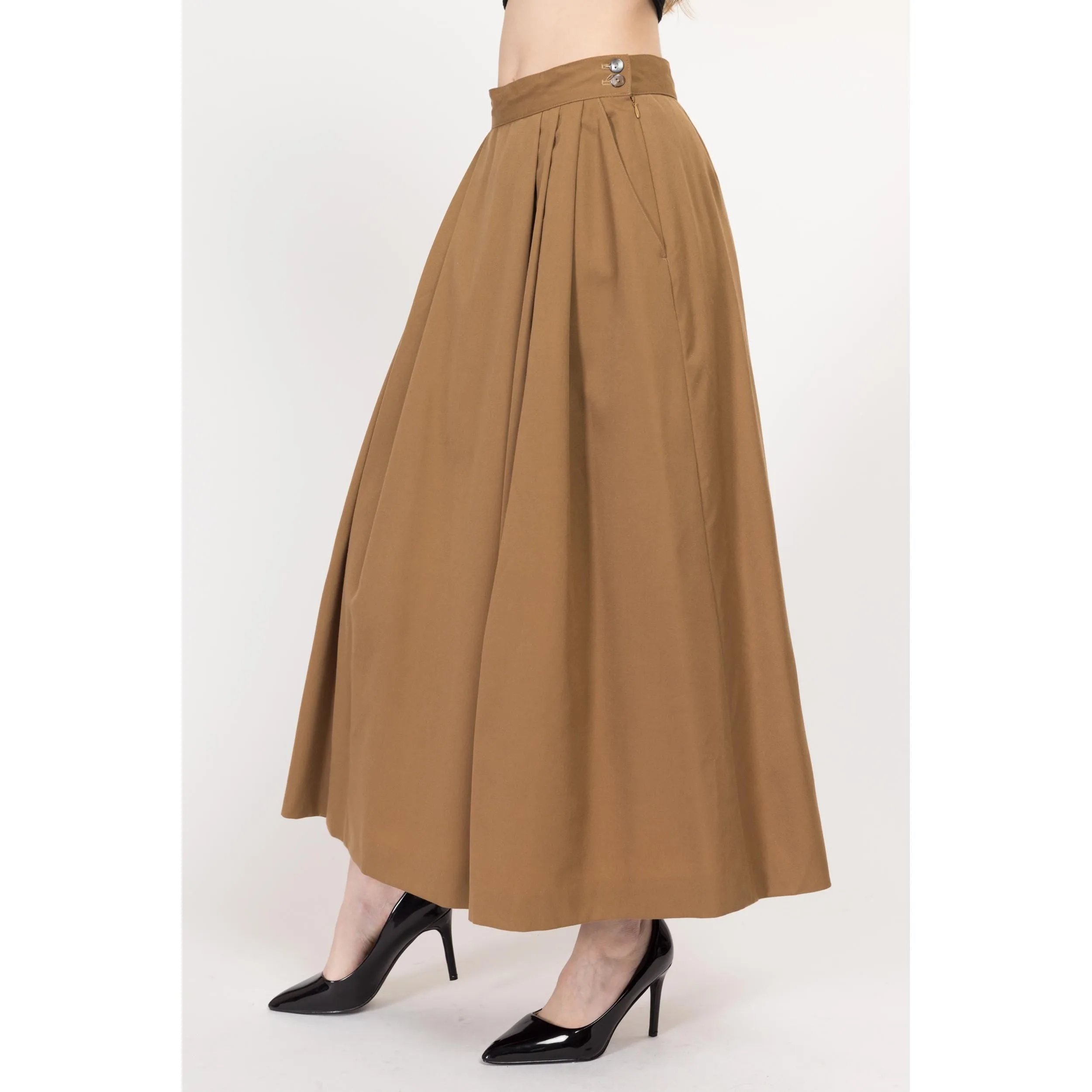 Medium 80s Camel Brown Wool Pleated Maxi Skirt 28"