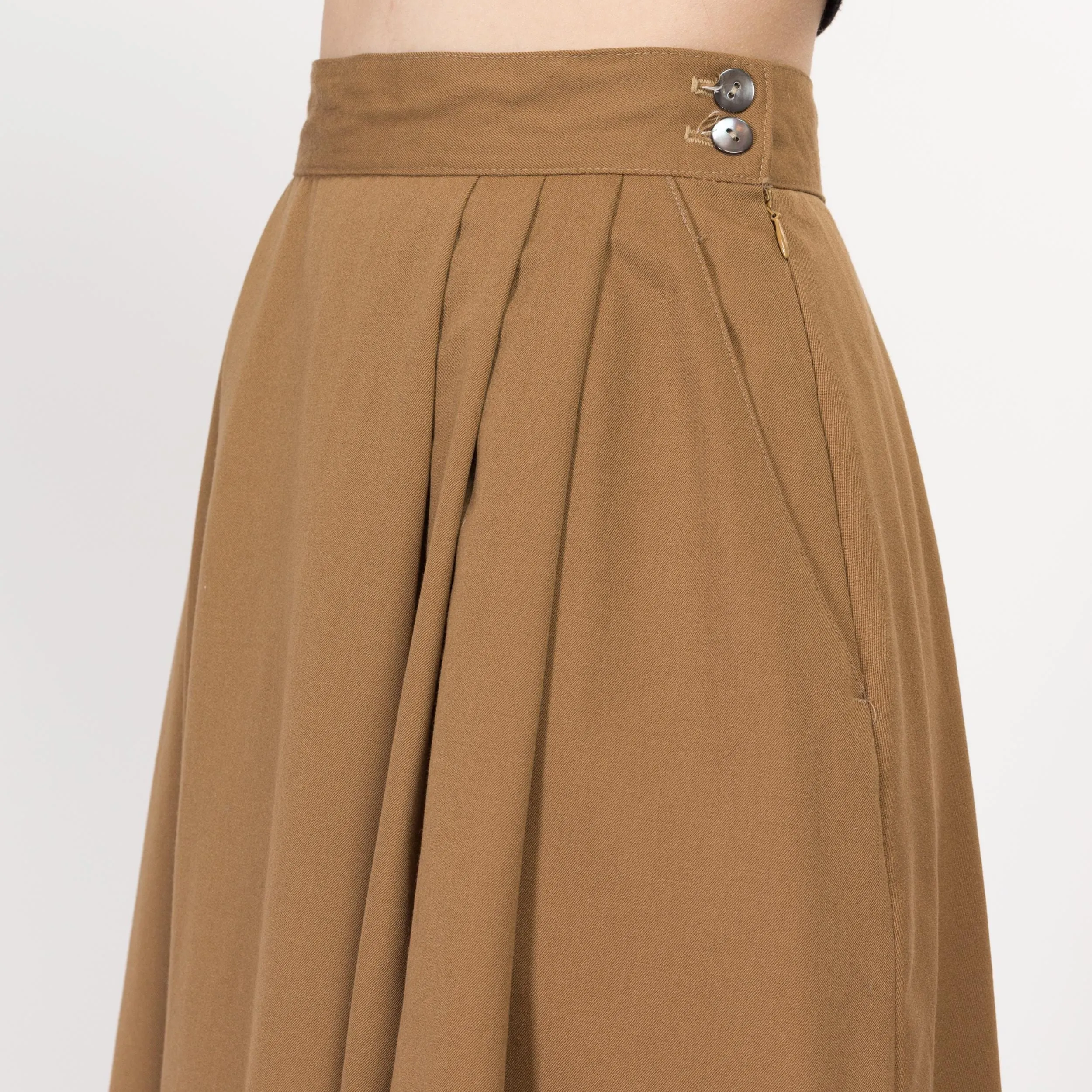 Medium 80s Camel Brown Wool Pleated Maxi Skirt 28"