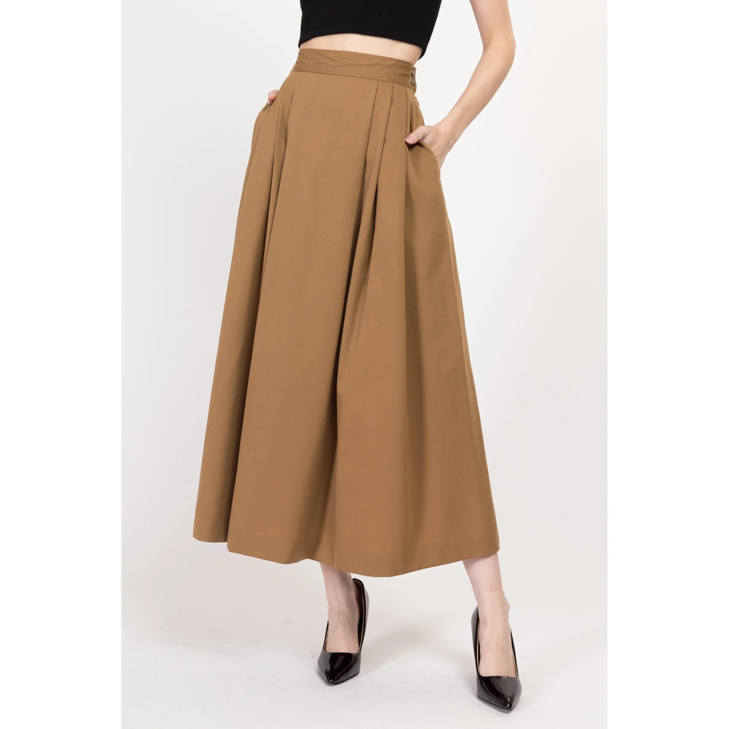 Medium 80s Camel Brown Wool Pleated Maxi Skirt 28"