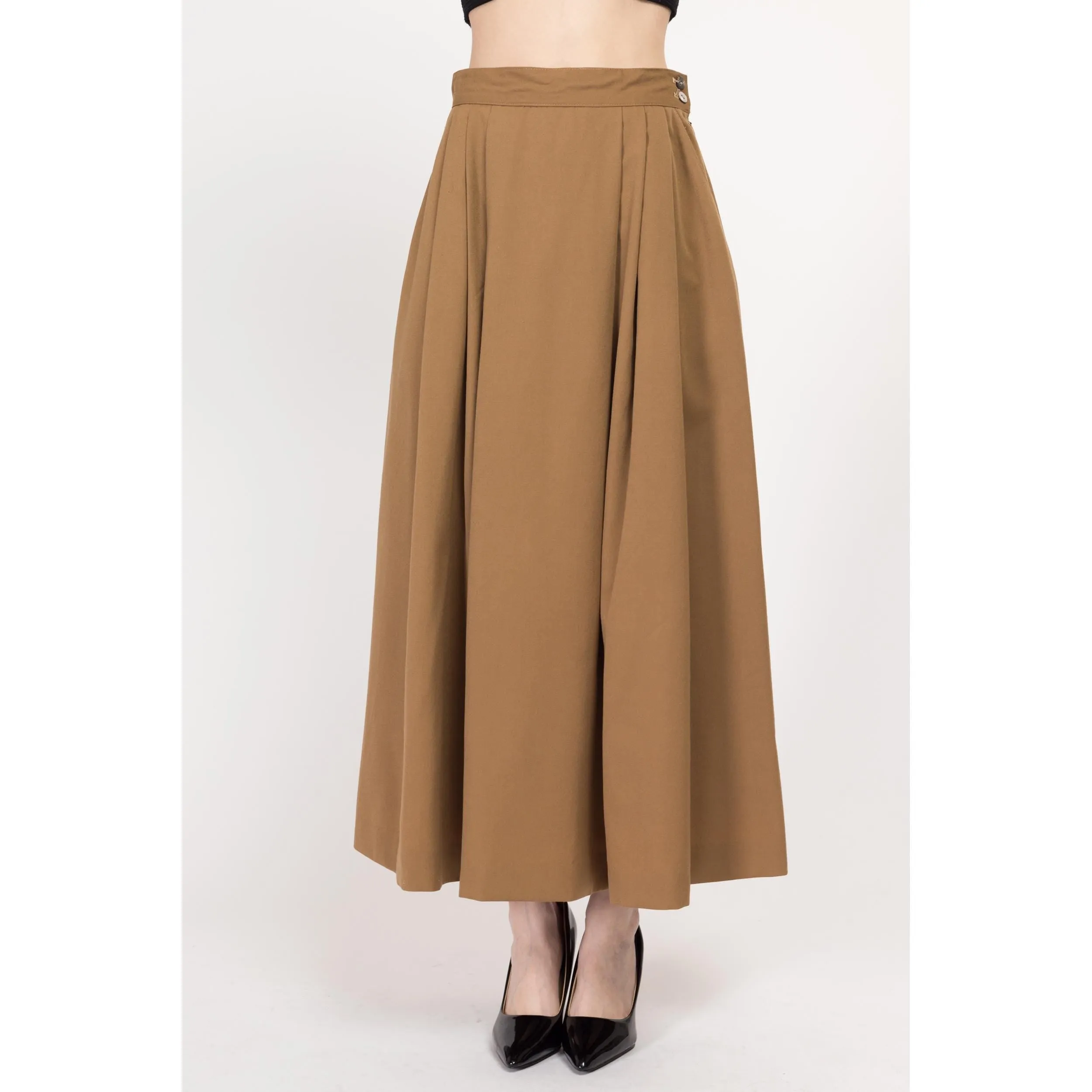 Medium 80s Camel Brown Wool Pleated Maxi Skirt 28"