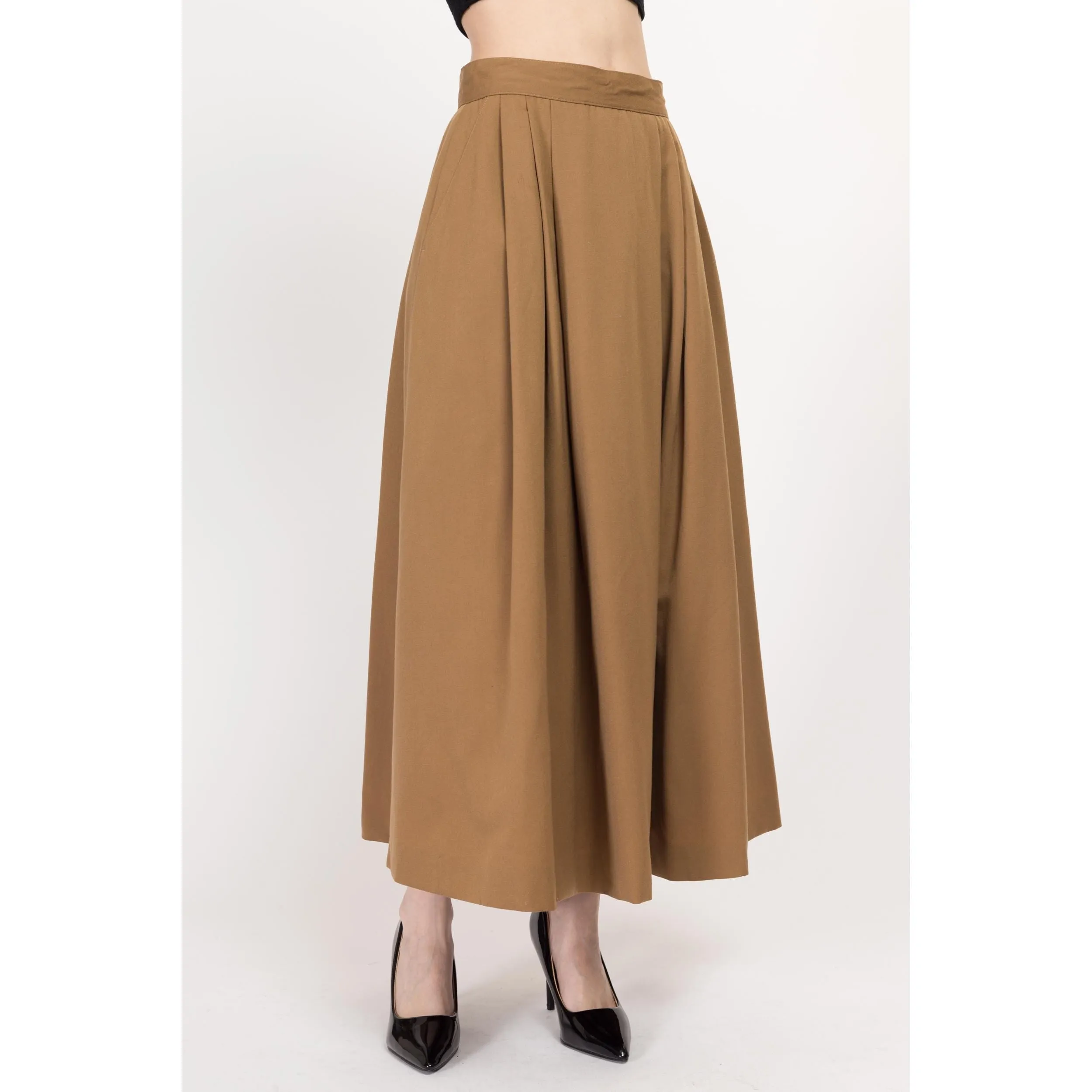 Medium 80s Camel Brown Wool Pleated Maxi Skirt 28"