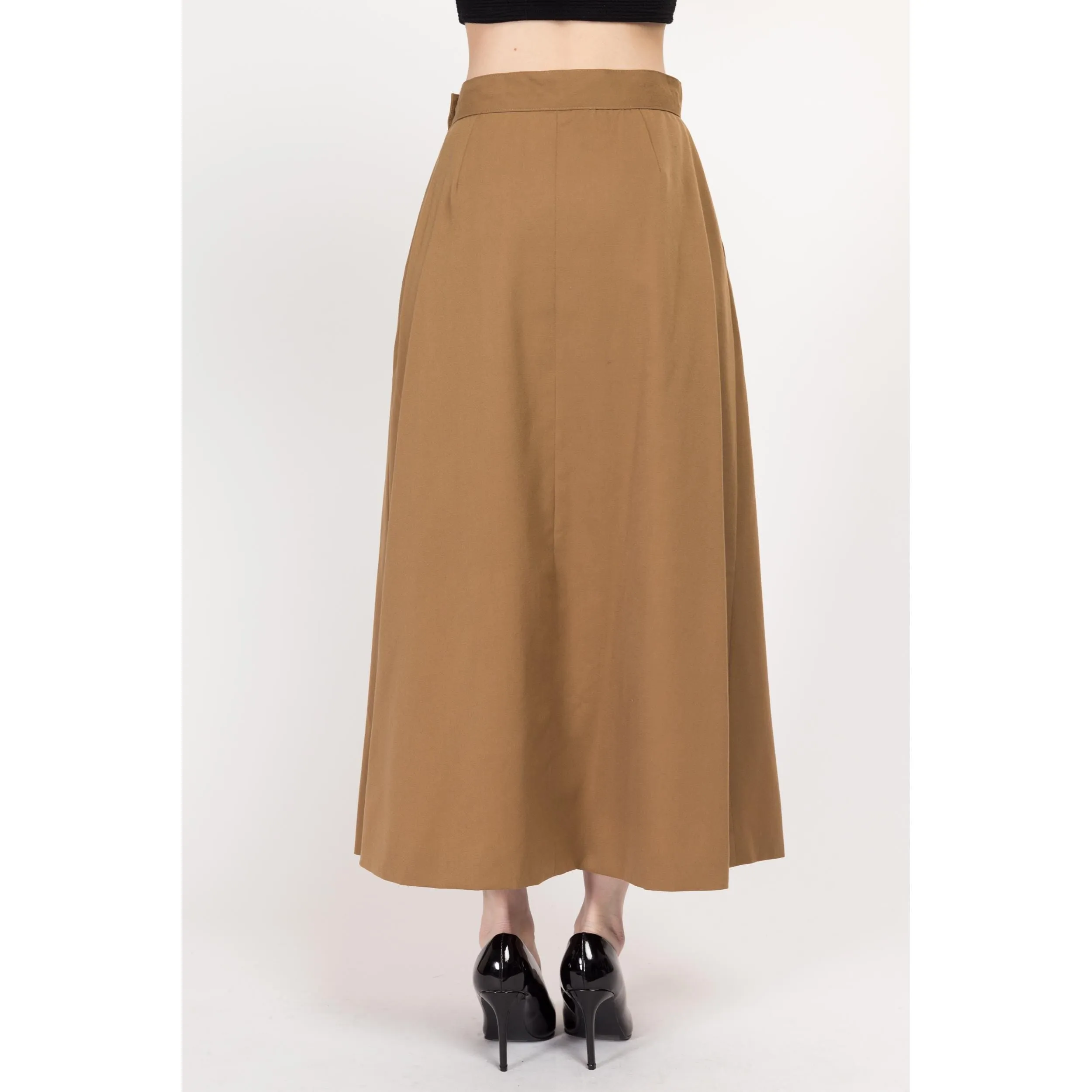 Medium 80s Camel Brown Wool Pleated Maxi Skirt 28"