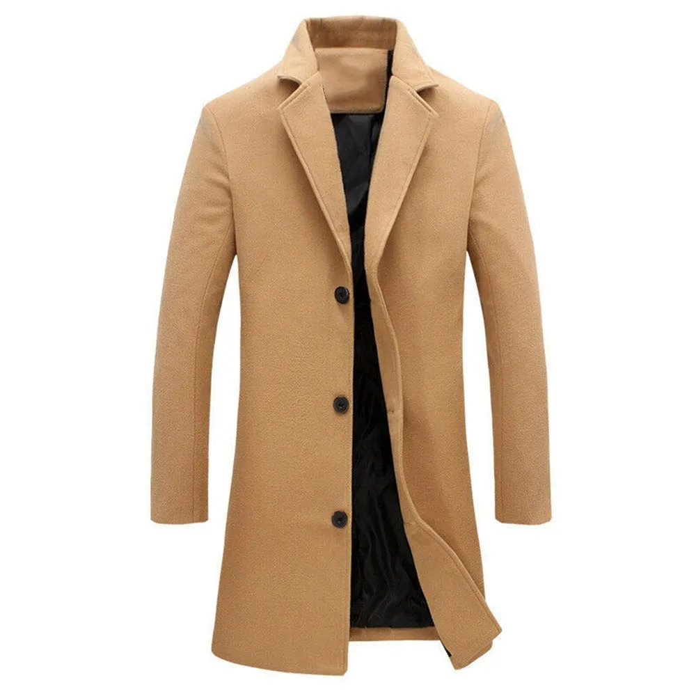 Men Woolen Jacket Solid Color Single-Breasted Lapel Long Coat Business Overcoat | D67