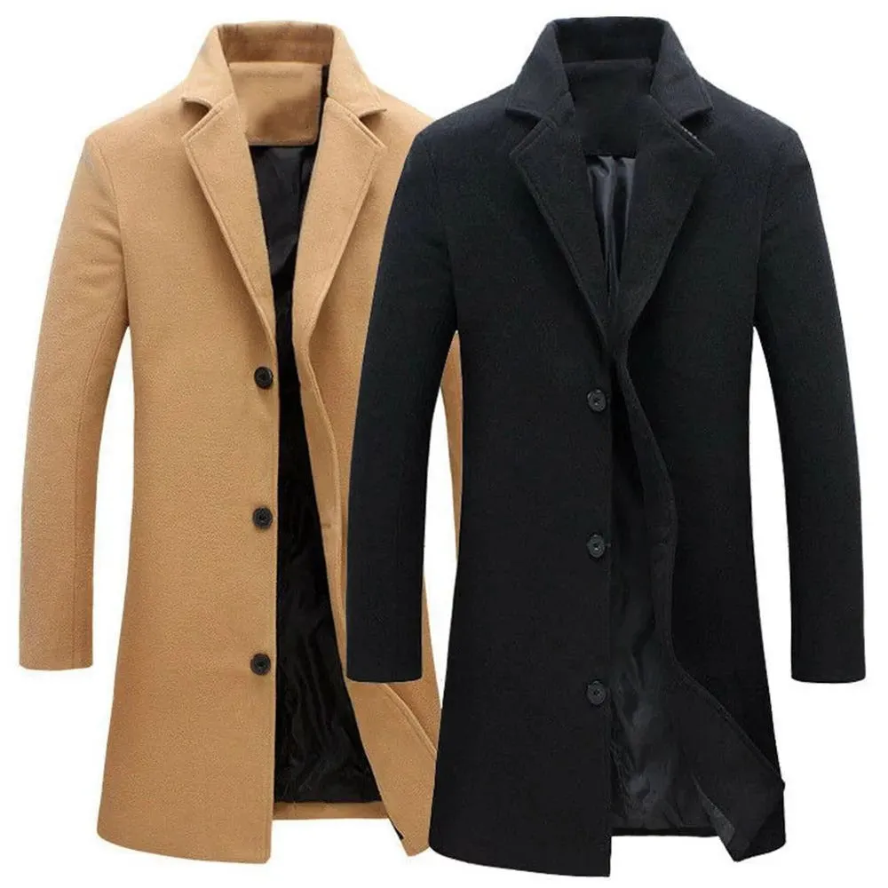 Men Woolen Jacket Solid Color Single-Breasted Lapel Long Coat Business Overcoat | D67