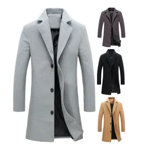 Men Woolen Jacket Solid Color Single-Breasted Lapel Long Coat Business Overcoat | D67