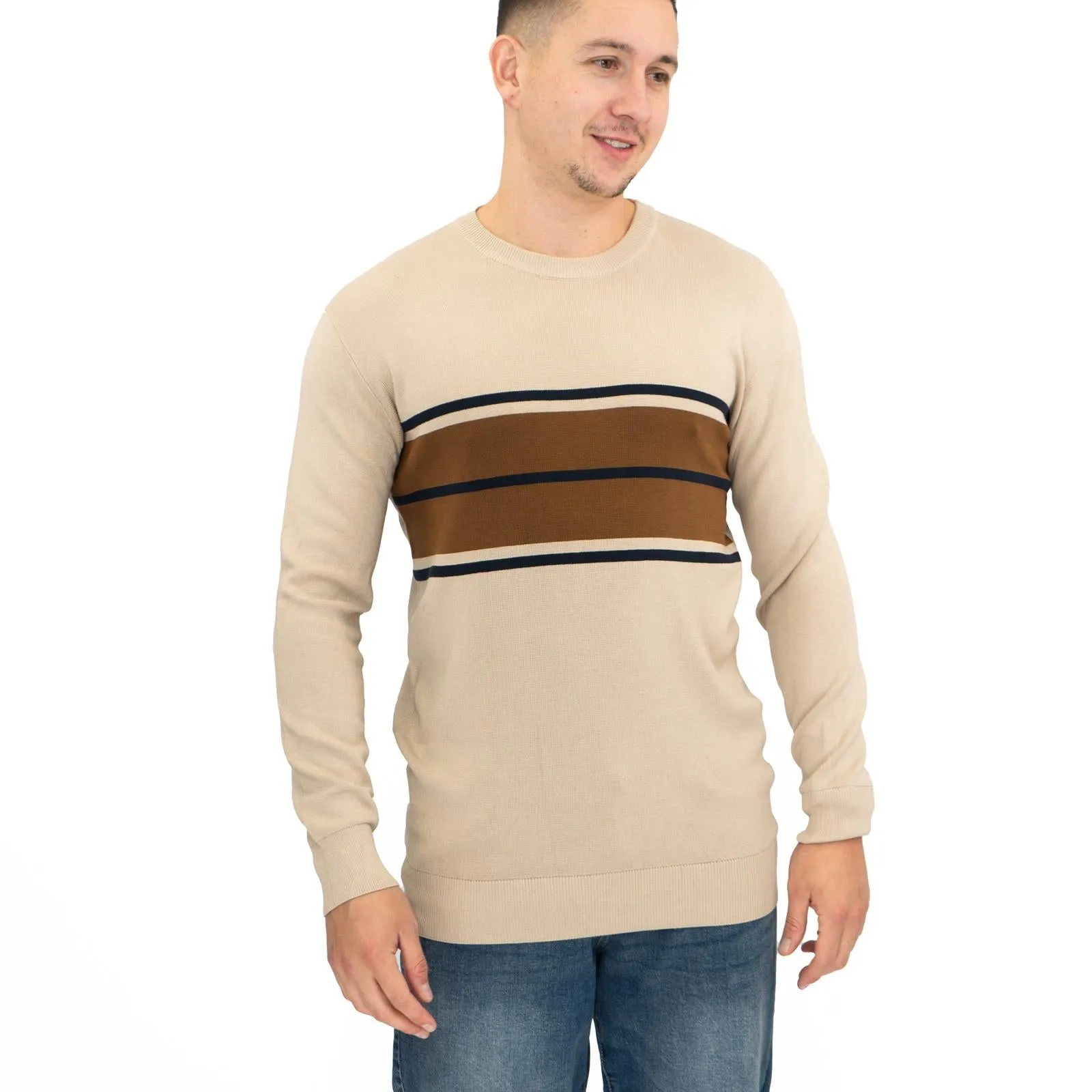 Mens Jumper Colour Block Stripe Tan