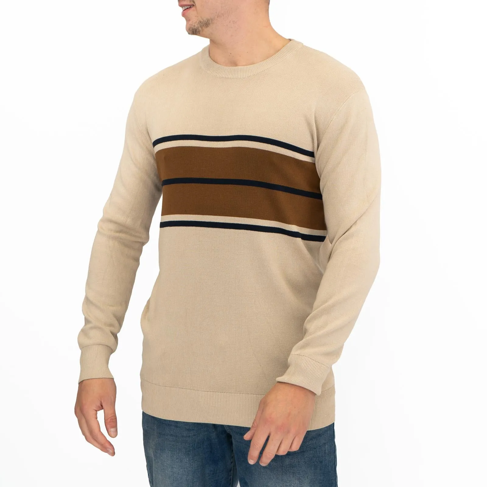 Mens Jumper Colour Block Stripe Tan