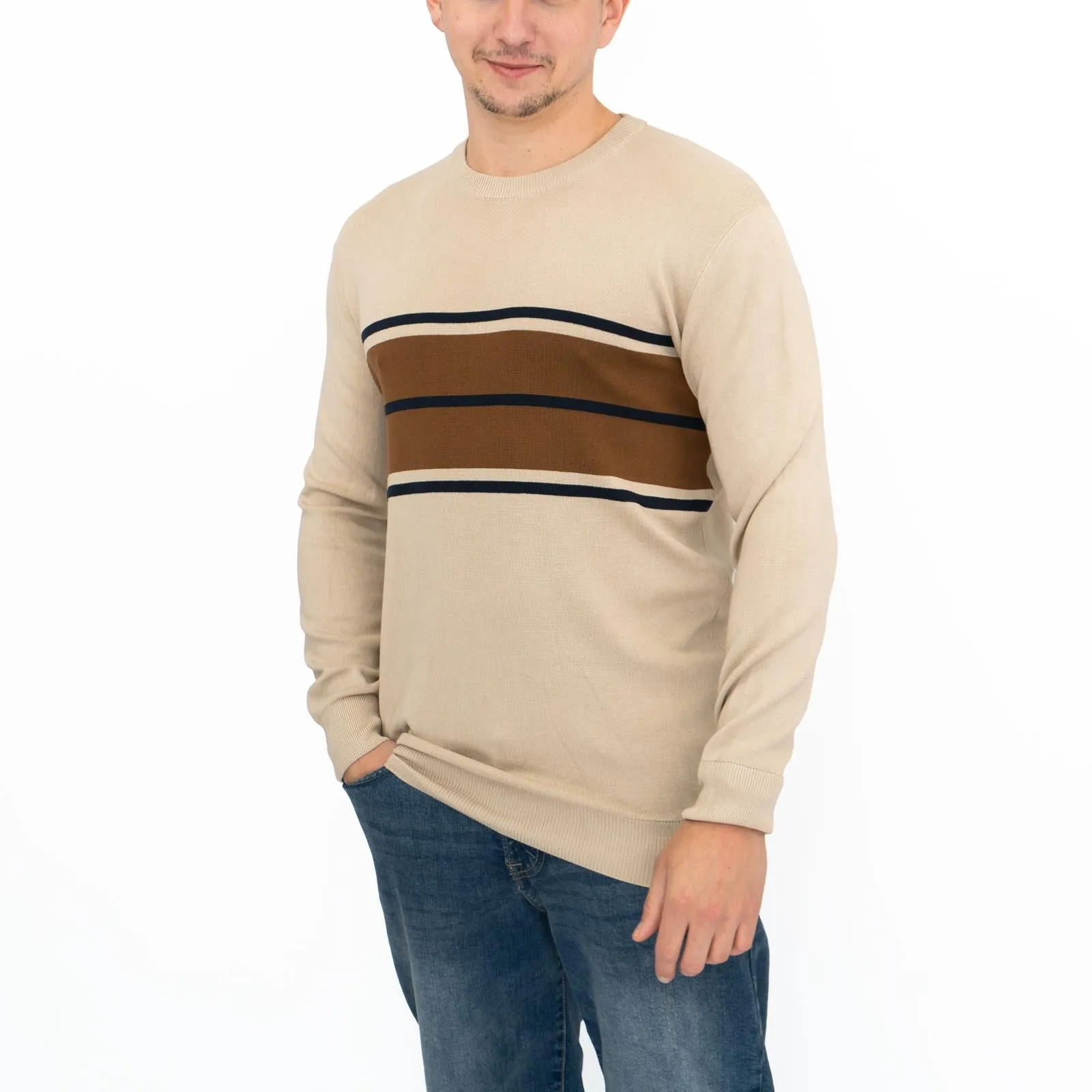 Mens Jumper Colour Block Stripe Tan