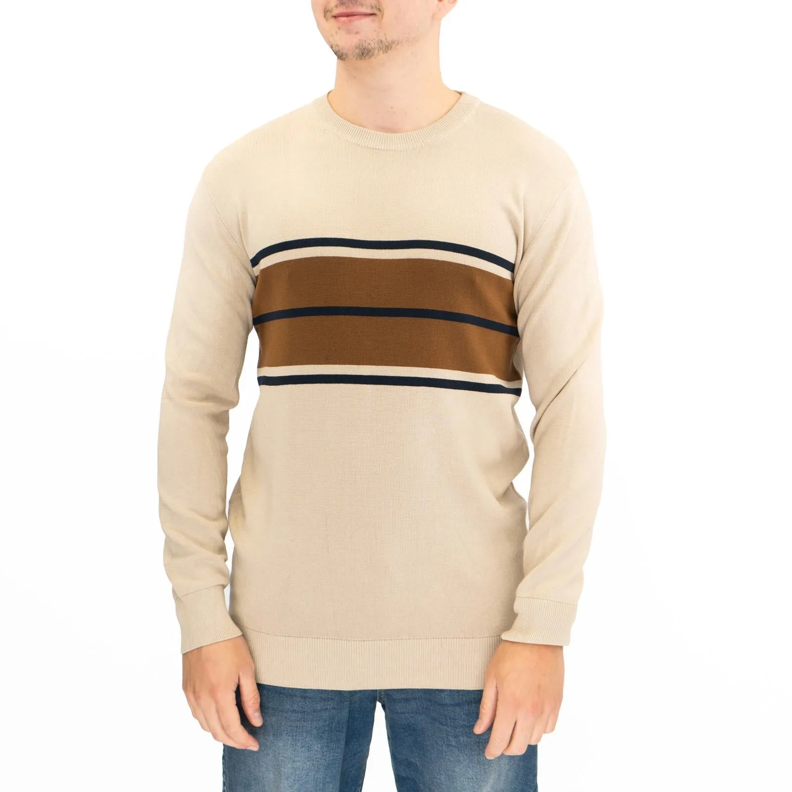 Mens Jumper Colour Block Stripe Tan