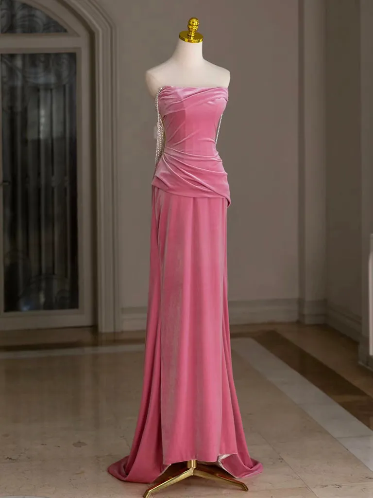 Mermaid Velvet Pink Long Prom Dress, Pink Long Formal Dress