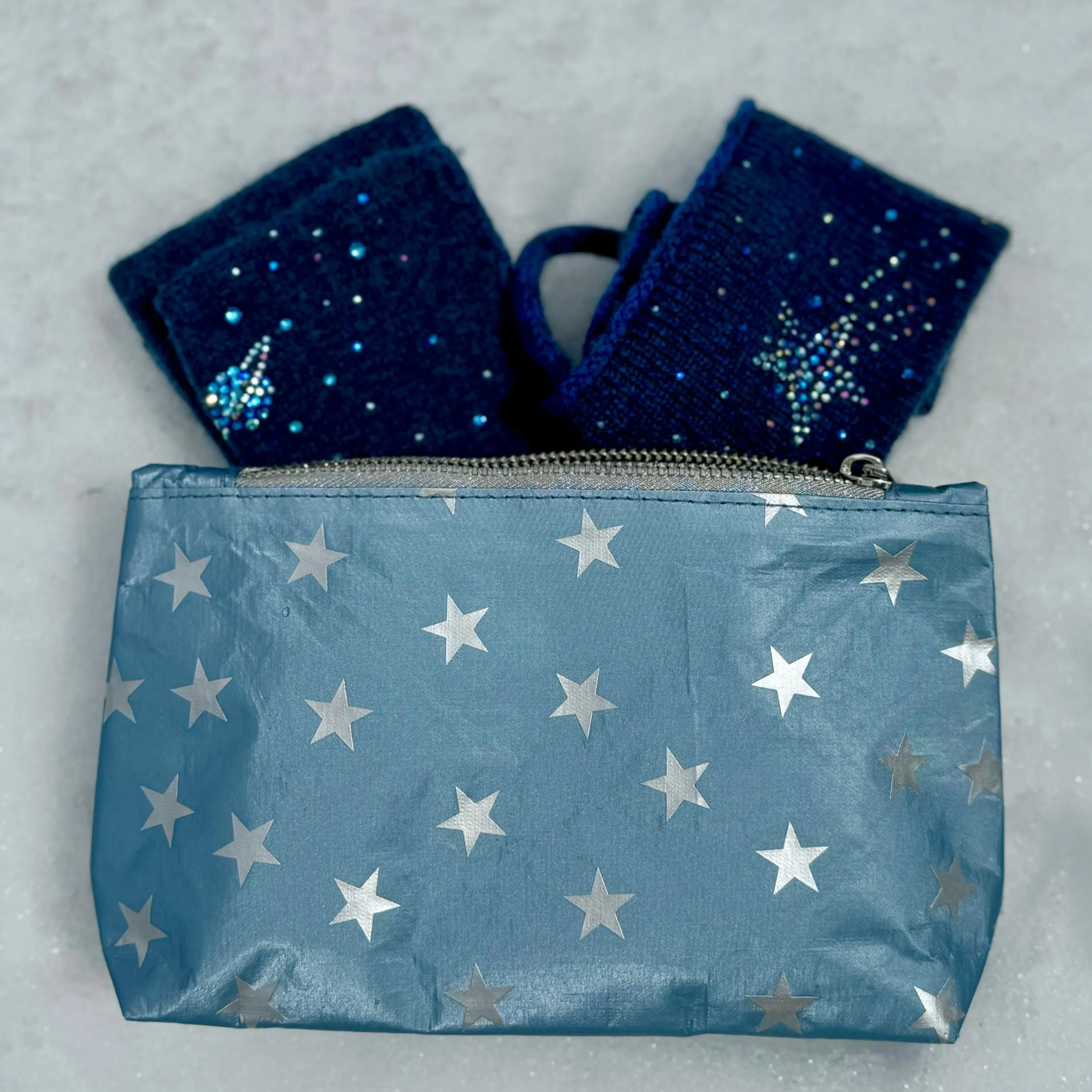 Mini Zipper Pouch - Shimmer Ice Blue with Myriad Silver Stars