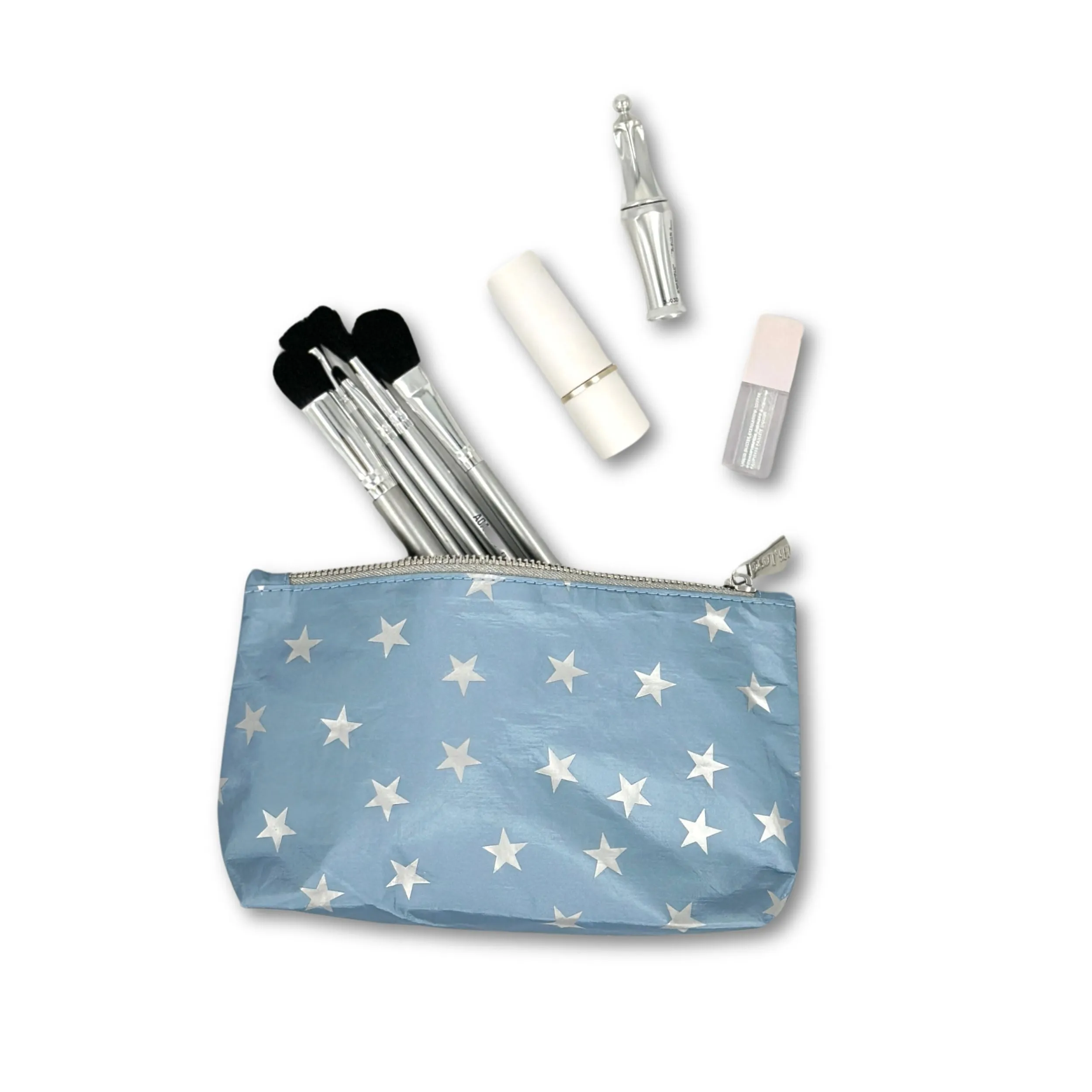 Mini Zipper Pouch - Shimmer Ice Blue with Myriad Silver Stars