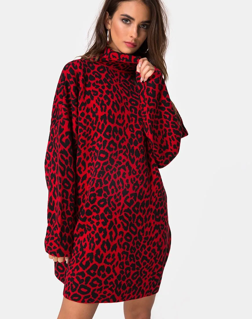 Neivie Jumper Dress in Animal Knit Red