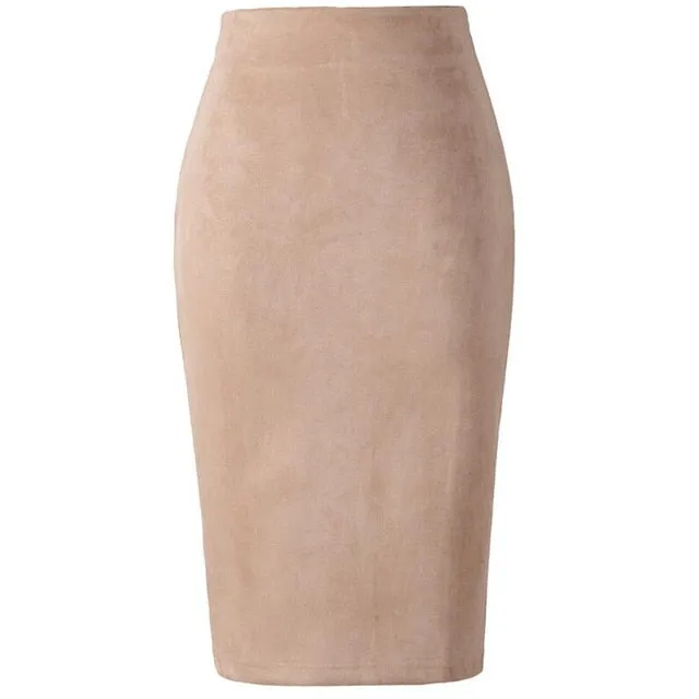 Neophil 2018 Winter Women Suede Midi Pencil Skirt High Waist Gray Pink XXL Sexy Style Stretch Wrap Ladies Office Work Saia S1009