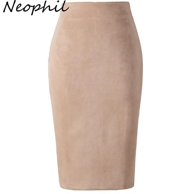 Neophil 2018 Winter Women Suede Midi Pencil Skirt High Waist Gray Pink XXL Sexy Style Stretch Wrap Ladies Office Work Saia S1009