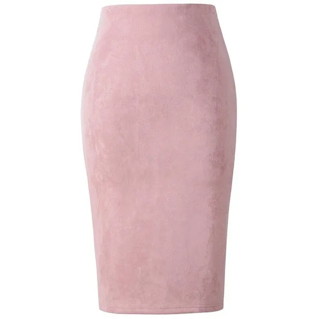 Neophil 2018 Winter Women Suede Midi Pencil Skirt High Waist Gray Pink XXL Sexy Style Stretch Wrap Ladies Office Work Saia S1009