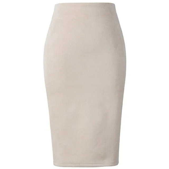 Neophil 2018 Winter Women Suede Midi Pencil Skirt High Waist Gray Pink XXL Sexy Style Stretch Wrap Ladies Office Work Saia S1009