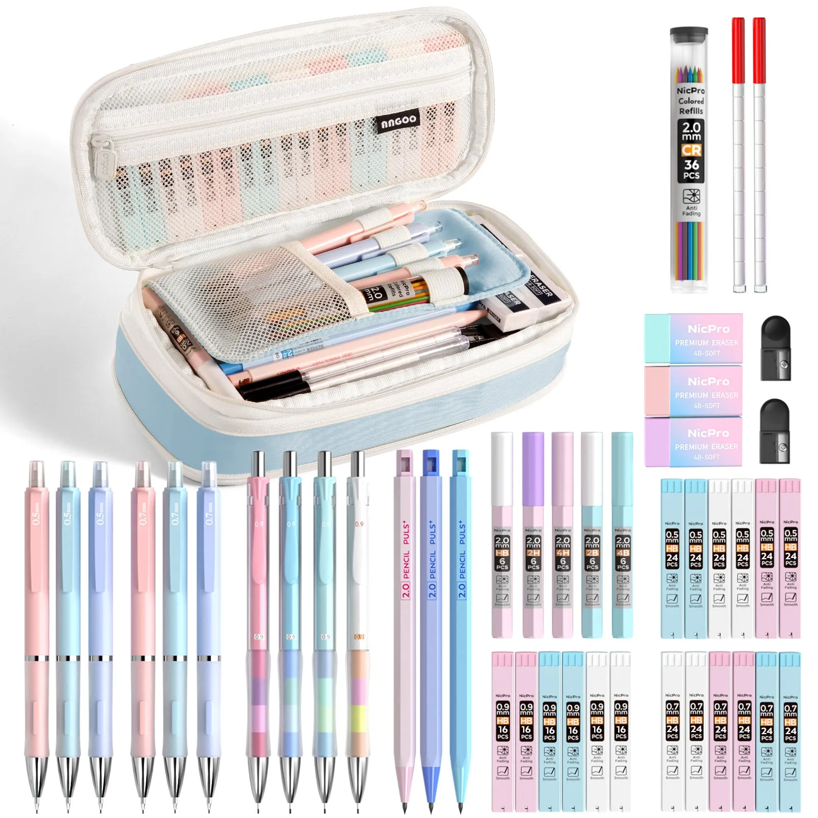 Nicpro 45PCS Pastel Mechanical Pencil Set With Big Capacity Pencil Case, Cute Mechanical Pencils 0.5, 0.7, 0.9, 2mm with 24 Tube Lead Refills(4B 2B HB 2H 4H COLORS) Erasers For Student Writing Drawing