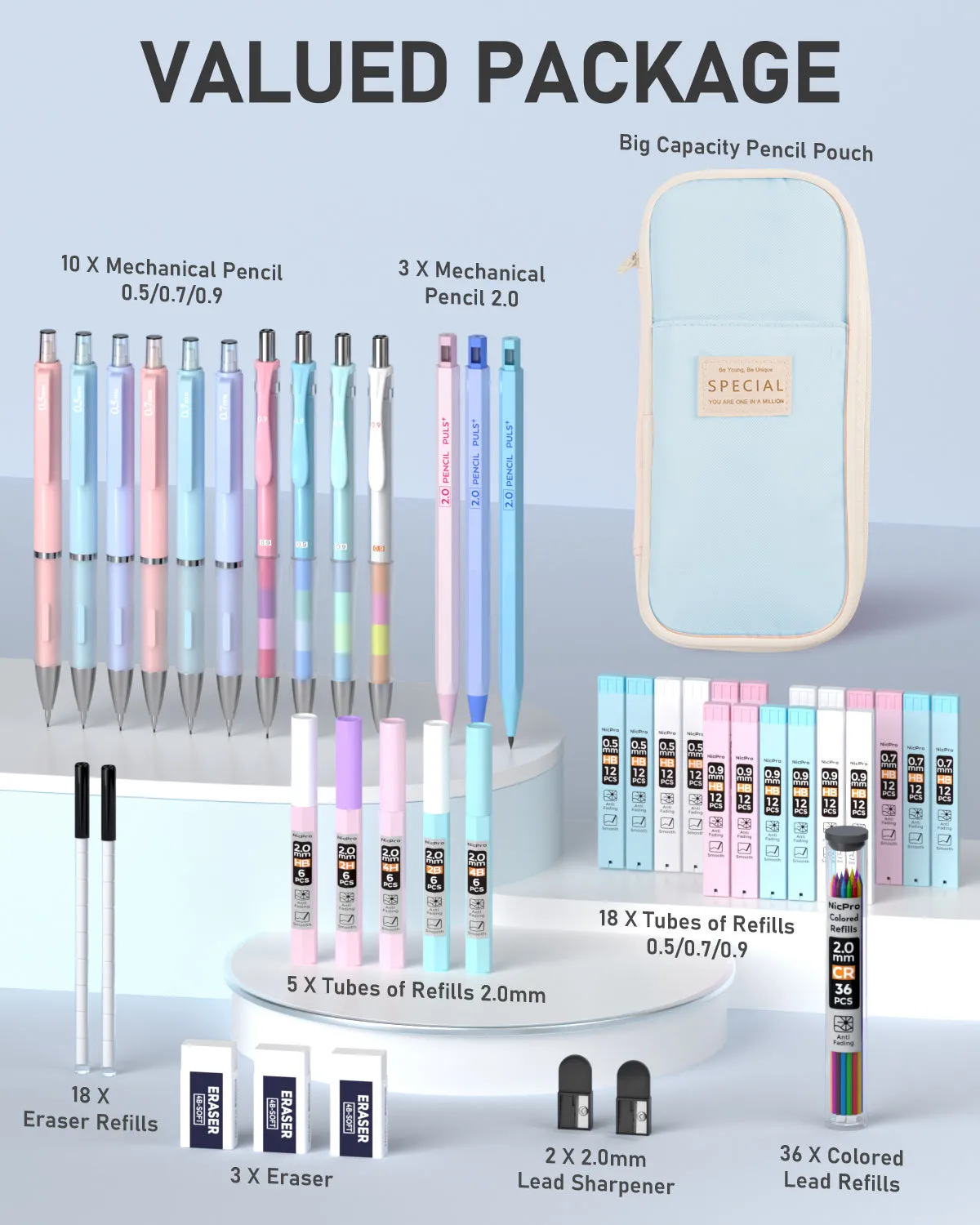 Nicpro 45PCS Pastel Mechanical Pencil Set With Big Capacity Pencil Case, Cute Mechanical Pencils 0.5, 0.7, 0.9, 2mm with 24 Tube Lead Refills(4B 2B HB 2H 4H COLORS) Erasers For Student Writing Drawing