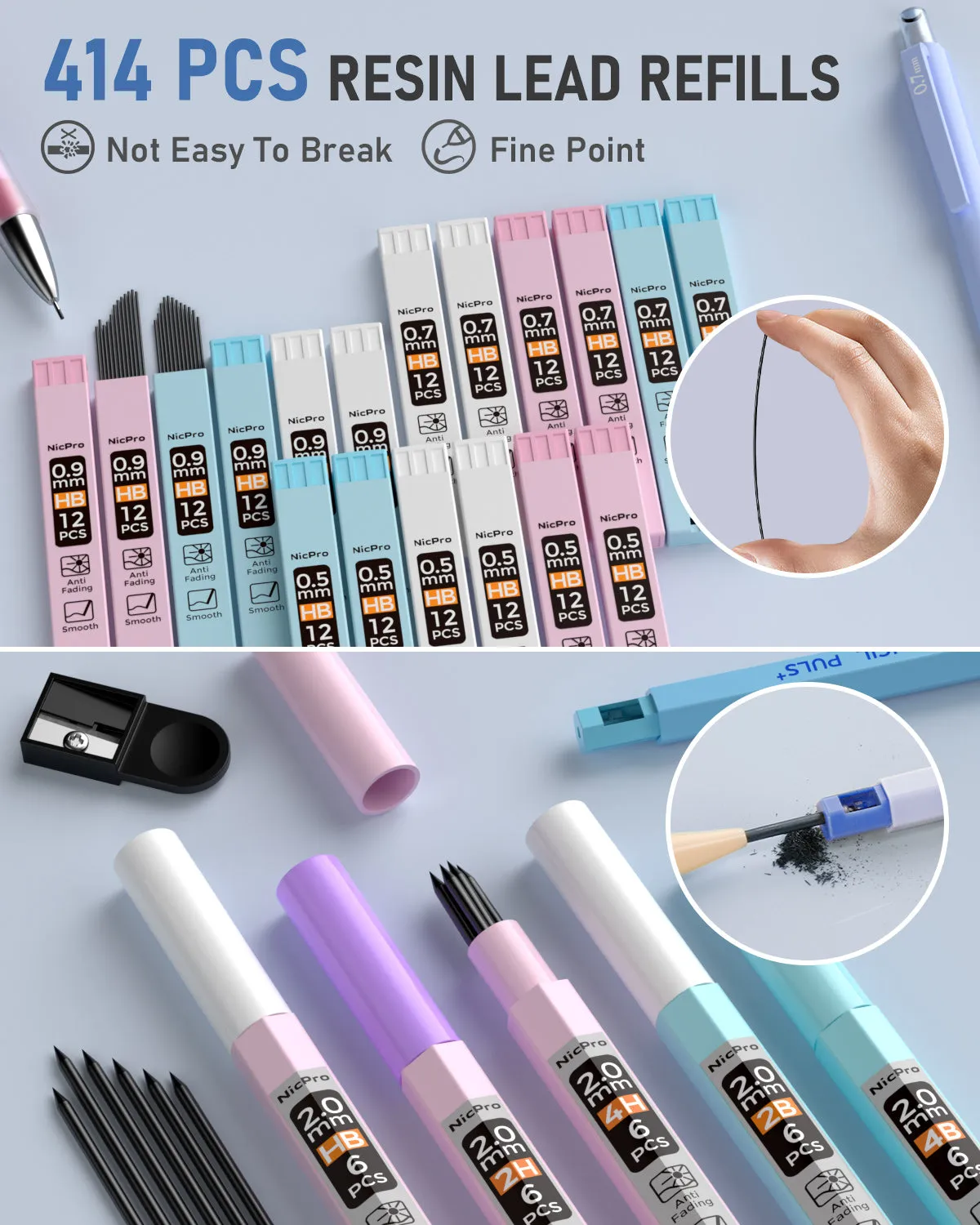 Nicpro 45PCS Pastel Mechanical Pencil Set With Big Capacity Pencil Case, Cute Mechanical Pencils 0.5, 0.7, 0.9, 2mm with 24 Tube Lead Refills(4B 2B HB 2H 4H COLORS) Erasers For Student Writing Drawing