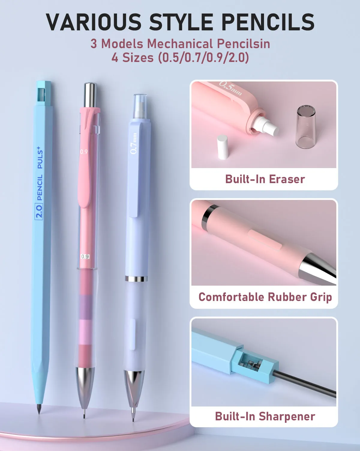 Nicpro 45PCS Pastel Mechanical Pencil Set With Big Capacity Pencil Case, Cute Mechanical Pencils 0.5, 0.7, 0.9, 2mm with 24 Tube Lead Refills(4B 2B HB 2H 4H COLORS) Erasers For Student Writing Drawing