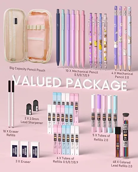 Nicpro 47PCS Pastel Mechanical Pencil Set With Big Capacity Pencil Case, Cute Mechanical Pencils 0.5, 0.7, 0.9 & 2mm Lead Holder with 4B 2B HB 2H Color Lead Refills Eraser for Student Writing Drawing