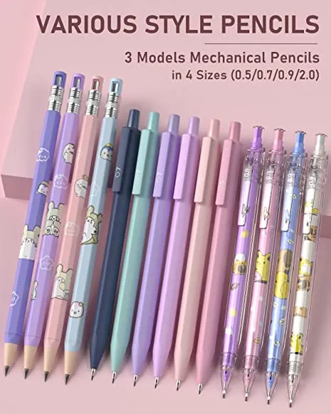 Nicpro 47PCS Pastel Mechanical Pencil Set With Big Capacity Pencil Case, Cute Mechanical Pencils 0.5, 0.7, 0.9 & 2mm Lead Holder with 4B 2B HB 2H Color Lead Refills Eraser for Student Writing Drawing