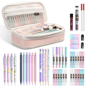 Nicpro 47PCS Pastel Mechanical Pencil Set With Big Capacity Pencil Case, Cute Mechanical Pencils 0.5, 0.7, 0.9 & 2mm Lead Holder with 4B 2B HB 2H Color Lead Refills Eraser for Student Writing Drawing