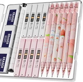 Nicpro 6PCS Mechanical Pencil Set for Girl, Cute Mechanical Pencils 0.5mm with 8 Tube HB Lead Refill, 3PCS Eraser and 12PCS Eraser Refill for Student Writing Drafing, Drawing, Sketching-with Cute Case