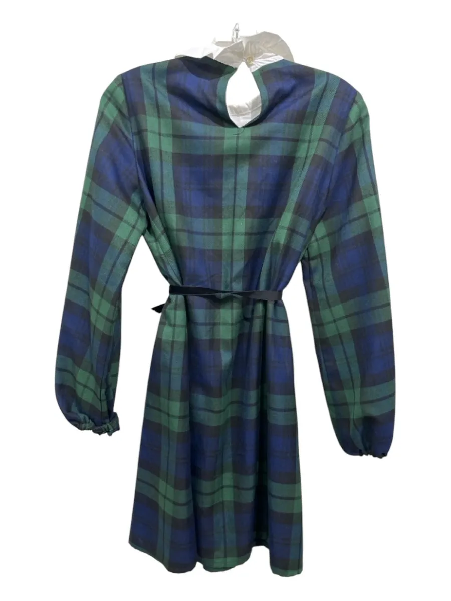 Nina Blanc Size S Green, Blue & Black Poly Blend Plaid Mini Ruffle Neck Dress