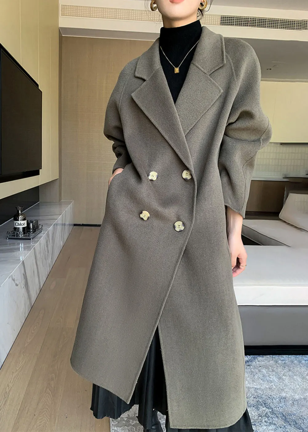 Noelle Double Breasted Button Wool Long Coat