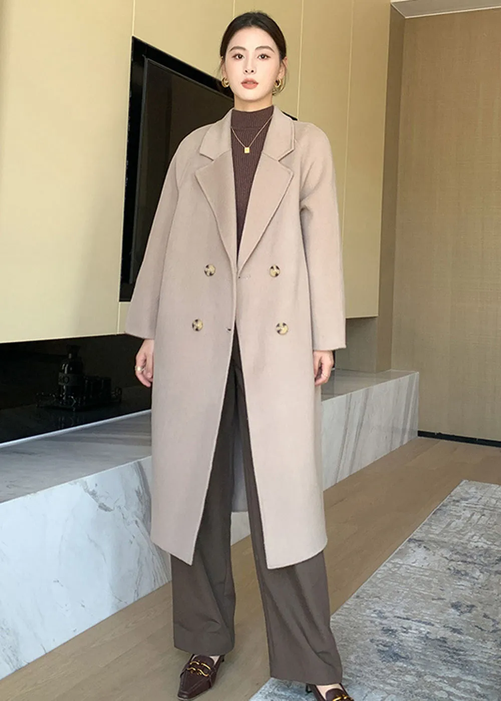 Noelle Double Breasted Button Wool Long Coat