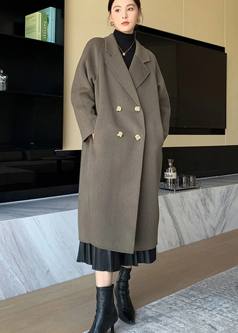 Noelle Double Breasted Button Wool Long Coat