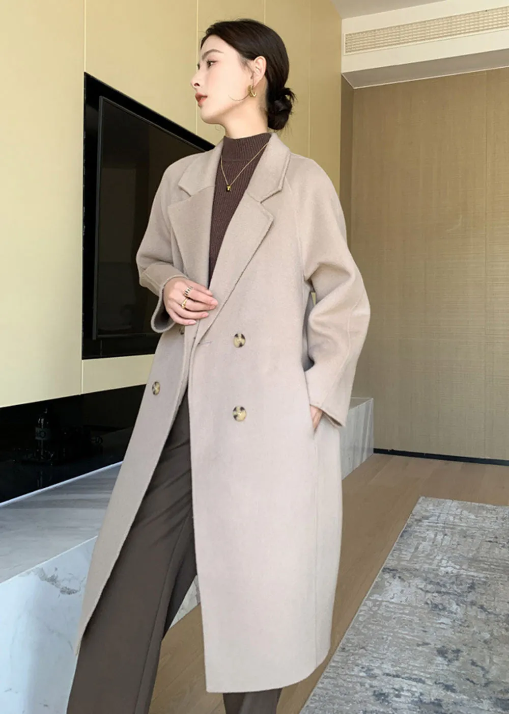 Noelle Double Breasted Button Wool Long Coat