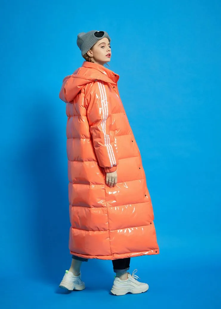 Orange Hooded Goose Down Puffer Long Coat