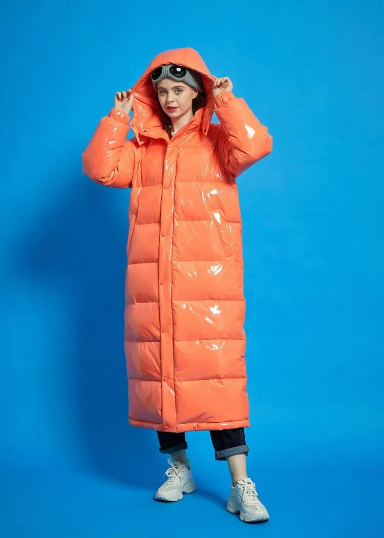 Orange Hooded Goose Down Puffer Long Coat