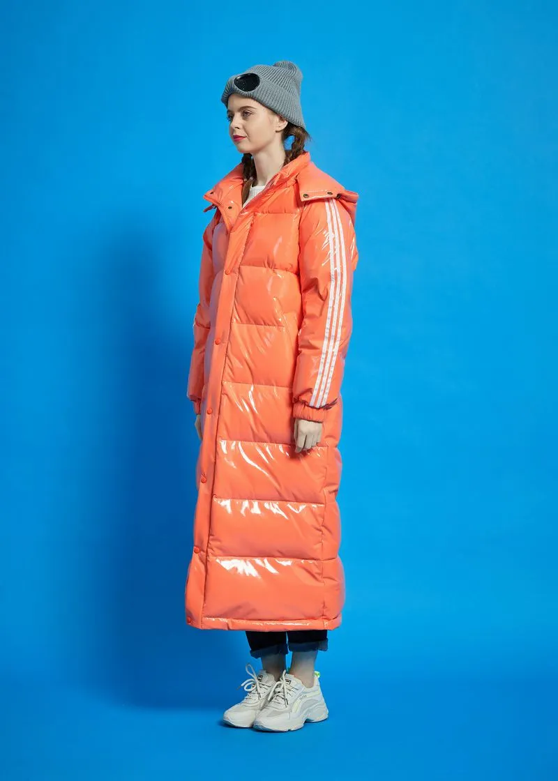 Orange Hooded Goose Down Puffer Long Coat