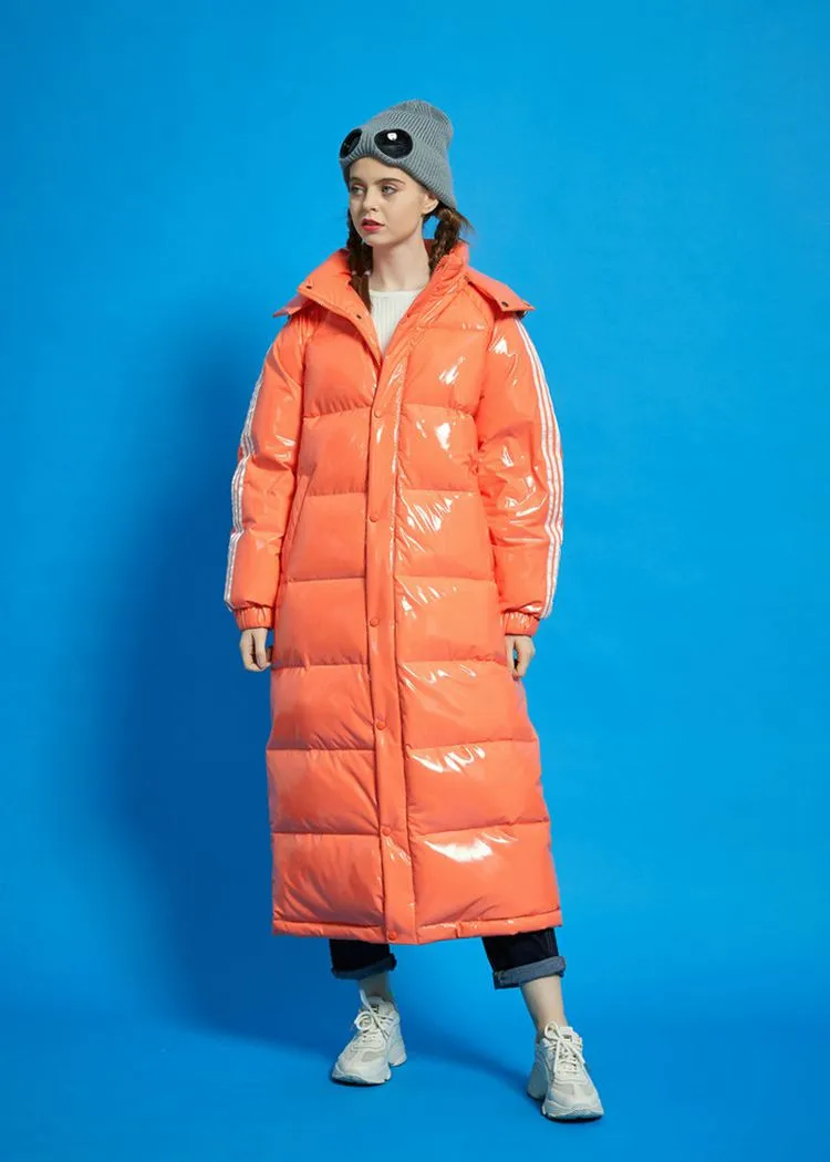 Orange Hooded Goose Down Puffer Long Coat